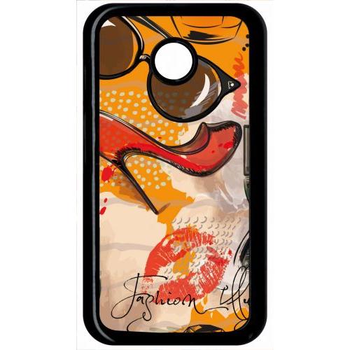 Coque Pour Smartphone - Motif Girly Fond Orange - Compatible Avec Motorola Moto E - Plastique - Bord Noir