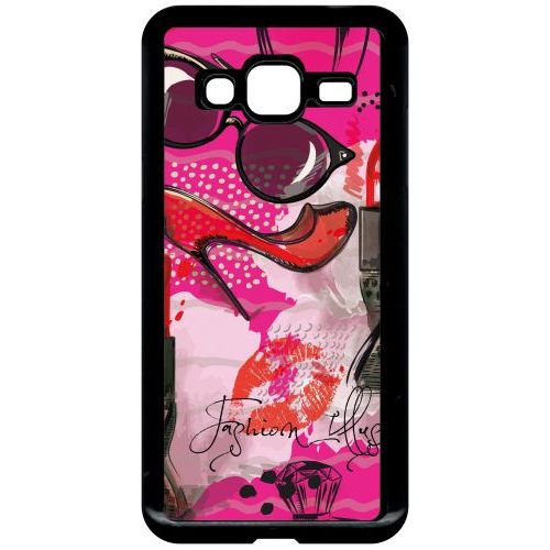 Coque Pour Smartphone - Motif Girly Fond Rose - Compatible Avec Samsung Galaxy J3 - Plastique - Bord Noir