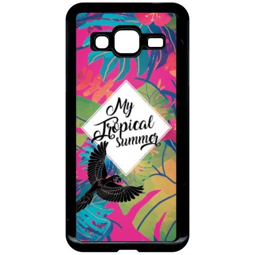 Coque Pour Smartphone - My Tropical Summer Fond Rose - Compatible Avec Samsung Galaxy J3 - Plastique - Bord Noir