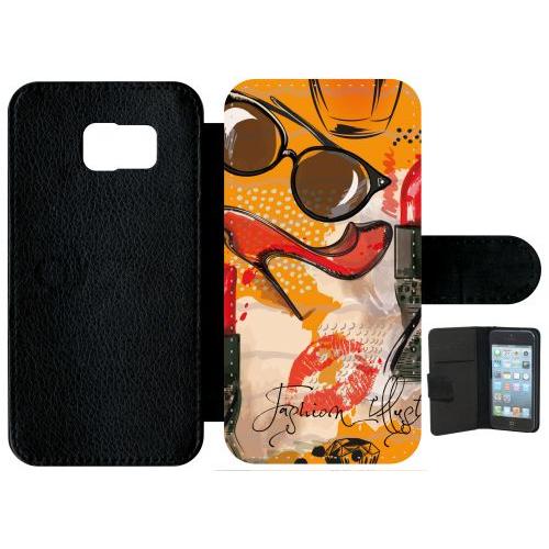 Etui À Rabat Galaxy S6 - Motif Girly Fond Orange - Simili-Cuir - Noir