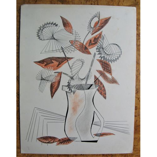 Dessin Original Guy Petitfils Vase Cubiste 32 / 24,5 Cm