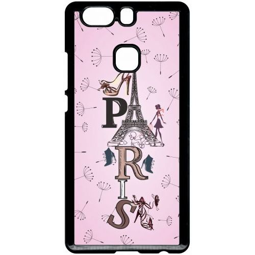 Coque Pour Smartphone - Paris Fond Rose Pale - Compatible Avec Huawei P9 Plus - Plastique - Bord Noir