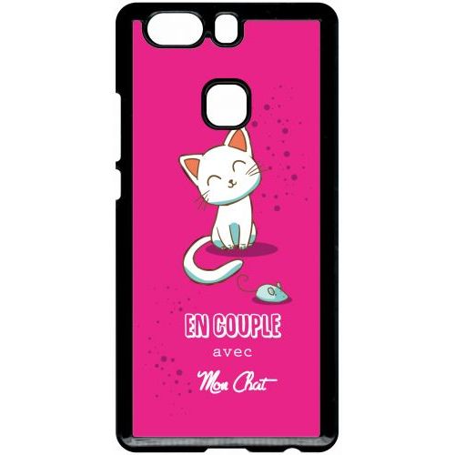 Coque Pour Smartphone - En Couple Avec Mon Chat Fond Rose - Compatible Avec Huawei P9 Plus - Plastique - Bord Noir