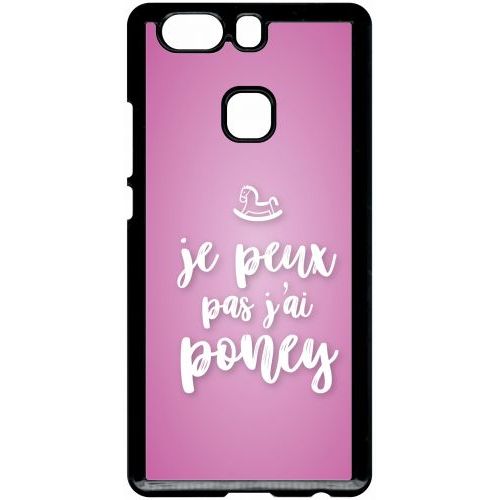 Coque Pour Smartphone - Je Peux Pas Jai Poney Fond Rose Pale - Compatible Avec Huawei P9 Plus - Plastique - Bord Noir