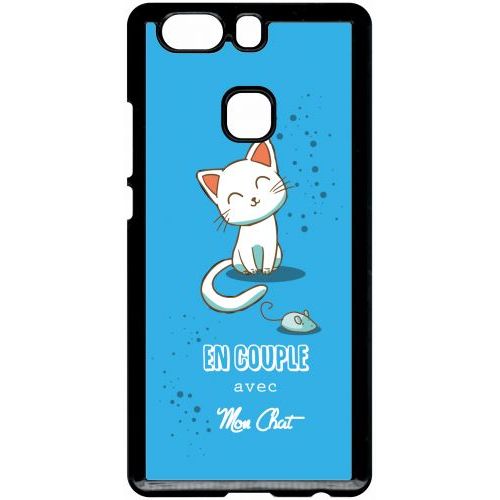 Coque Pour Smartphone - En Couple Avec Mon Chat Fond Bleu - Compatible Avec Huawei P9 Plus - Plastique - Bord Noir