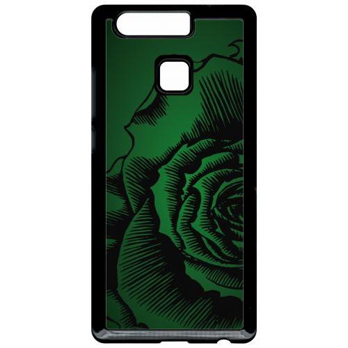 Coque Pour Smartphone - Fleur Fond Fond Kaki - Compatible Avec Huawei P9 - Plastique - Bord Noir