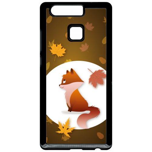 Coque Pour Smartphone - Renard Fond Marron - Compatible Avec Huawei P9 - Plastique - Bord Noir