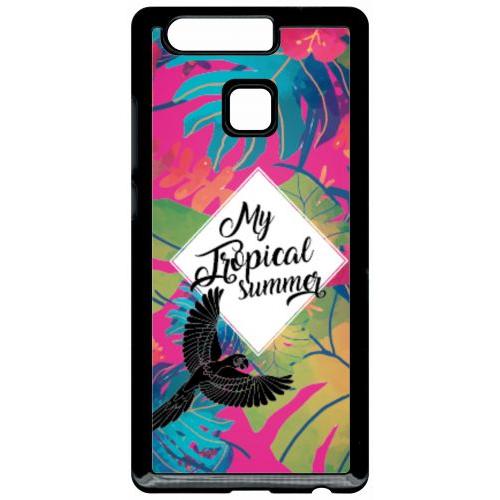 Coque Pour Smartphone - My Tropical Summer Fond Rose - Compatible Avec Huawei P9 - Plastique - Bord Noir