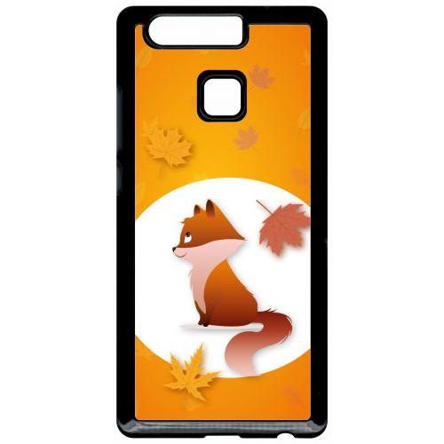 Coque Pour Smartphone - Renard Fond Orange - Compatible Avec Huawei P9 - Plastique - Bord Noir