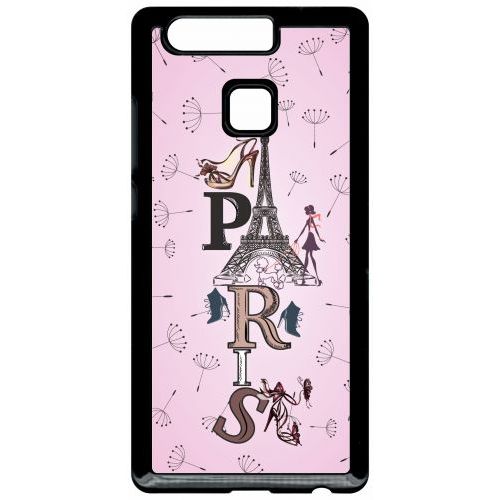 Coque Pour Smartphone - Paris Fond Rose Pale - Compatible Avec Huawei P9 - Plastique - Bord Noir