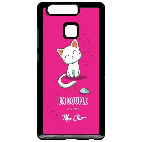 Coque Pour Smartphone - En Couple Avec Mon Chat Fond Rose - Compatible Avec Huawei P9 - Plastique - Bord Noir