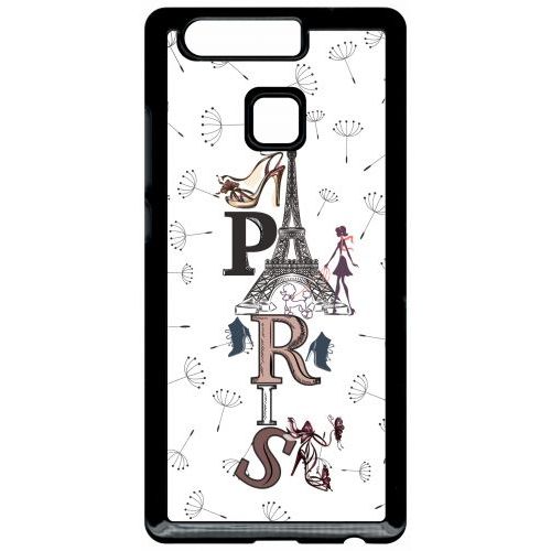 Coque Pour Smartphone - Paris Fond Blanc - Compatible Avec Huawei P9 - Plastique - Bord Noir