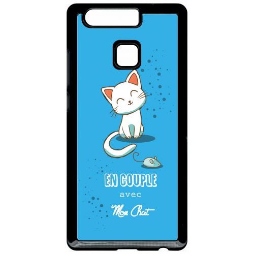 Coque Pour Smartphone - En Couple Avec Mon Chat Fond Bleu - Compatible Avec Huawei P9 - Plastique - Bord Noir