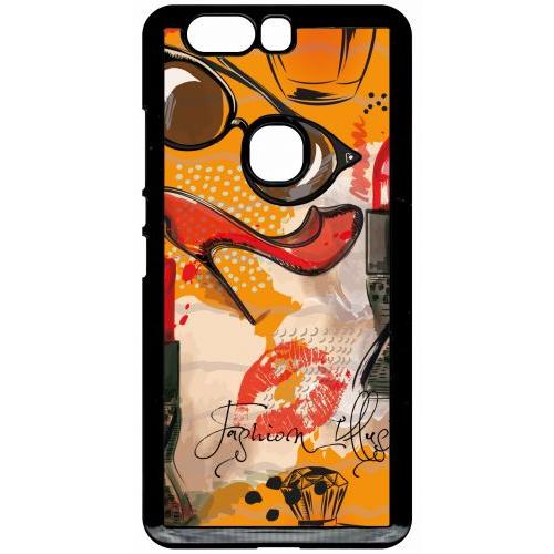 Coque Pour Smartphone - Motif Girly Fond Orange - Compatible Avec Honor V8 - Plastique - Bord Noir