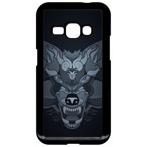 Coque Pour Smartphone - Loup Fond Gris - Compatible Avec Samsung Galaxy J1 (2016) - Plastique - Bord Noir