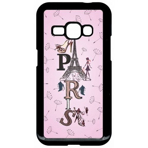 Coque Pour Smartphone - Paris Fond Rose Pale - Compatible Avec Samsung Galaxy J1 (2016) - Plastique - Bord Noir