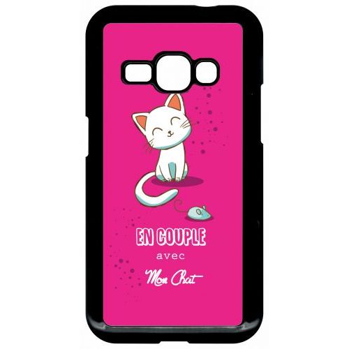 Coque Pour Smartphone - En Couple Avec Mon Chat Fond Rose - Compatible Avec Samsung Galaxy J1 (2016) - Plastique - Bord Noir