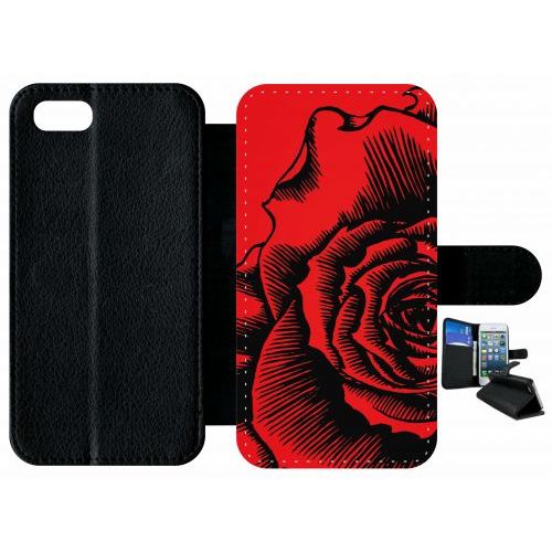 Etui A Rabat - Fleur Fond Fond Rouge - Compatible Avec Apple Iphone 7 - Plastique - Bord Noir