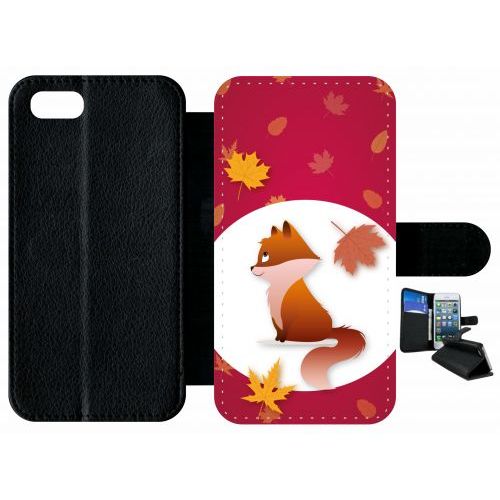 Etui A Rabat - Renard Fond Rouge - Compatible Avec Apple Iphone 7 - Plastique - Bord Noir