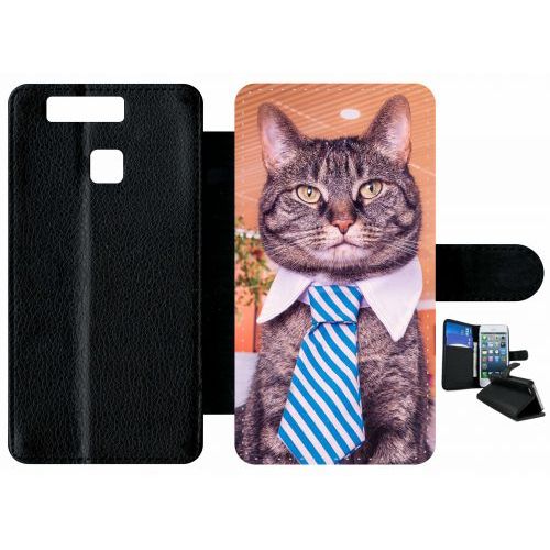 Etui A Rabat - Chat Cravate - Compatible Avec Huawei P9 - Plastique - Bord Noir