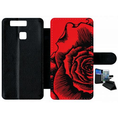 Etui A Rabat - Fleur Fond Fond Rouge - Compatible Avec Huawei P9 - Plastique - Bord Noir