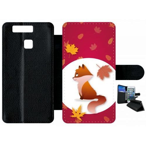 Etui A Rabat - Renard Fond Rouge - Compatible Avec Huawei P9 - Plastique - Bord Noir