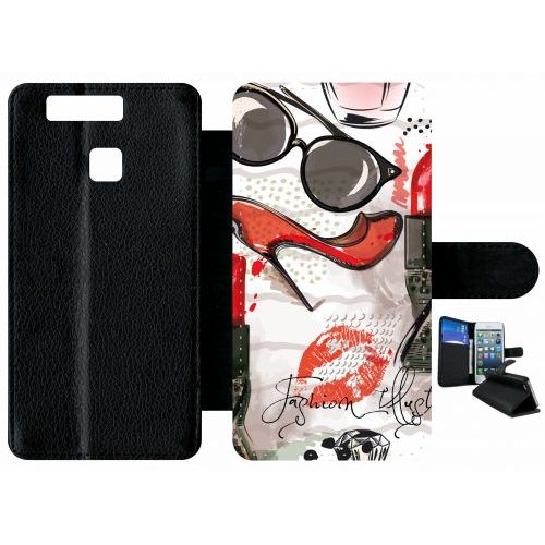 Etui A Rabat - Motif Girly Fond Blanc - Compatible Avec Huawei P9 - Plastique - Bord Noir