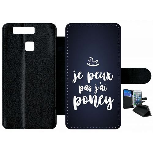 Etui A Rabat - Je Peux Pas Jai Poney Fond Noir - Compatible Avec Huawei P9 - Plastique - Bord Noir
