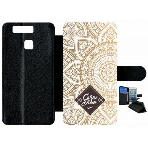Etui A Rabat - Carpe Diem Modif Orient Fond Blanc - Compatible Avec Huawei P9 - Plastique - Bord Noir