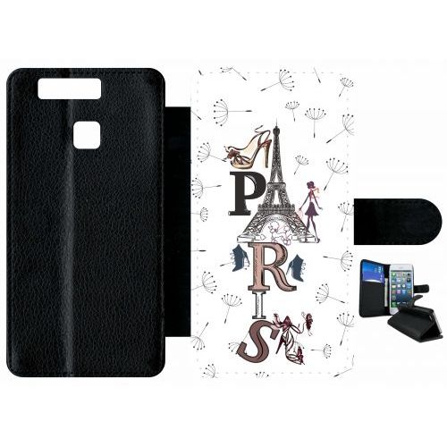 Etui A Rabat - Paris Fond Blanc - Compatible Avec Huawei P9 - Plastique - Bord Noir