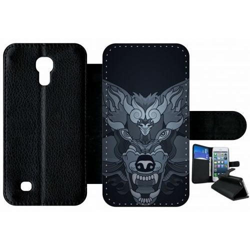 Etui À Rabat Samsung I9190 Galaxy S4 Mini - Loup Fond Gris - Simili-Cuir - Noir