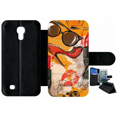 Etui À Rabat Samsung I9190 Galaxy S4 Mini - Motif Girly Fond Orange - Simili-Cuir - Noir