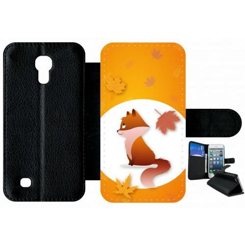 Etui À Rabat Samsung I9190 Galaxy S4 Mini - Renard Fond Orange - Simili-Cuir - Noir