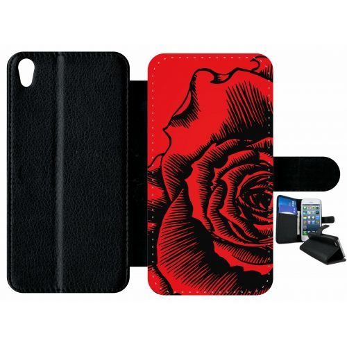 Etui À Rabat Xperia Xa - Fleur Fond Fond Rouge - Simili-Cuir - Noir