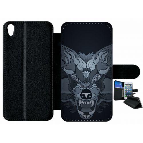 Etui À Rabat Xperia Xa - Loup Fond Gris - Simili-Cuir - Noir