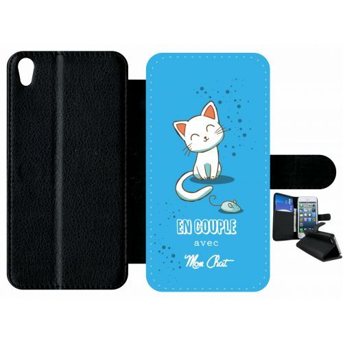 Etui À Rabat Xperia Xa - En Couple Avec Mon Chat Fond Bleu - Simili-Cuir - Noir