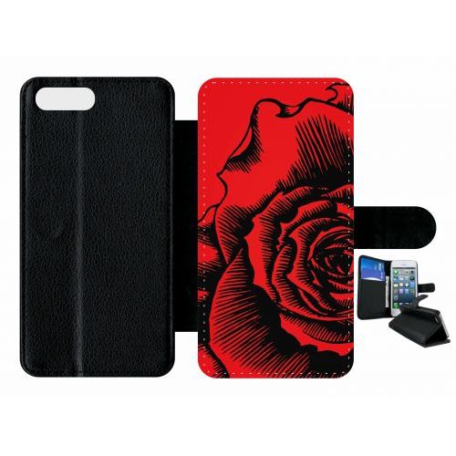 Etui A Rabat - Fleur Fond Fond Rouge - Compatible Avec Apple Iphone 7 Plus - Plastique - Bord Noir