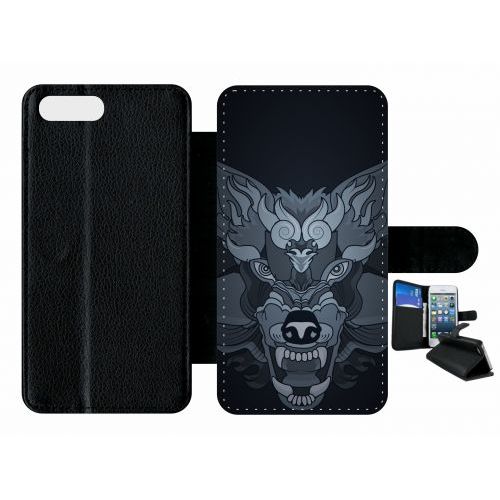 Etui A Rabat - Loup Fond Gris - Compatible Avec Apple Iphone 7 Plus - Plastique - Bord Noir