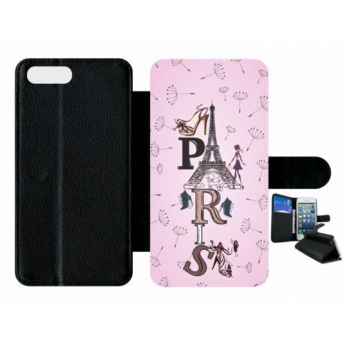 Etui A Rabat - Paris Fond Rose Pale - Compatible Avec Apple Iphone 7 Plus - Plastique - Bord Noir