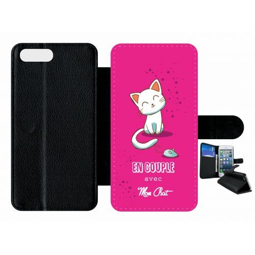 Etui A Rabat - En Couple Avec Mon Chat Fond Rose - Compatible Avec Apple Iphone 7 Plus - Plastique - Bord Noir