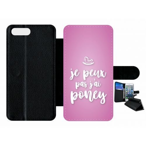 Etui A Rabat - Je Peux Pas Jai Poney Fond Rose Pale - Compatible Avec Apple Iphone 7 Plus - Plastique - Bord Noir
