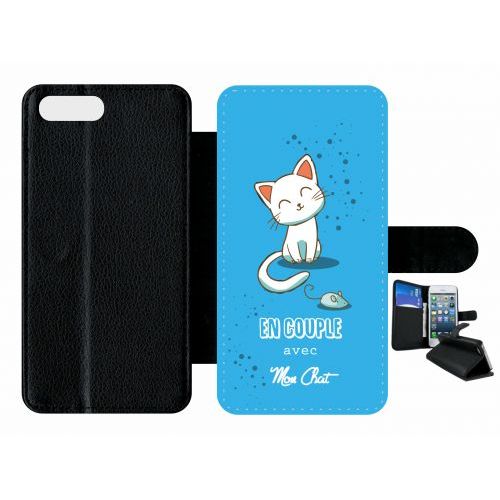 Etui A Rabat - En Couple Avec Mon Chat Fond Bleu - Compatible Avec Apple Iphone 7 Plus - Plastique - Bord Noir