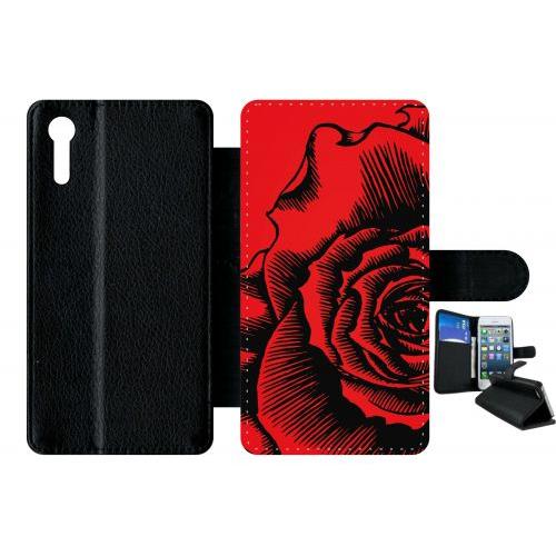 Etui À Rabat Xperia Xz - Fleur Fond Fond Rouge - Simili-Cuir - Noir