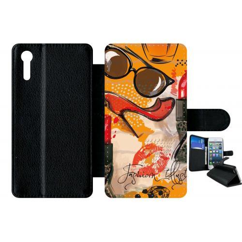 Etui À Rabat Xperia Xz - Motif Girly Fond Orange - Simili-Cuir - Noir