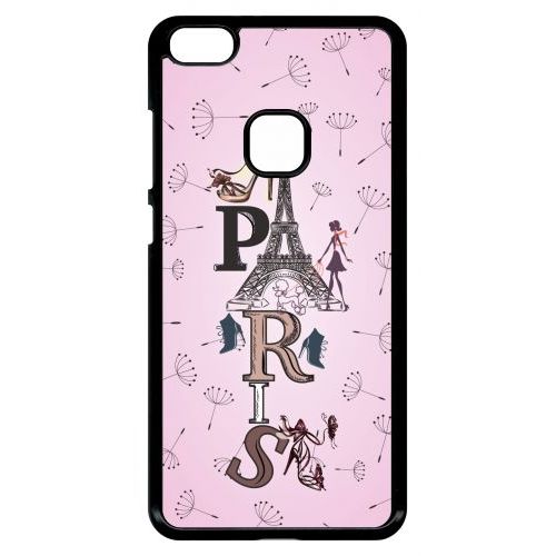 Coque Pour Smartphone - Paris Fond Rose Pale - Compatible Avec Huawei P10 Lite - Plastique - Bord Noir