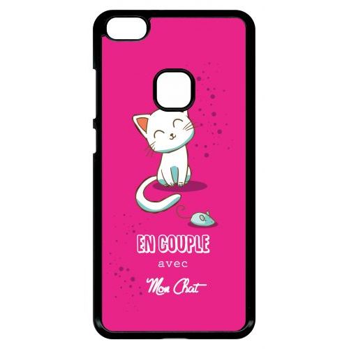 Coque Pour Smartphone - En Couple Avec Mon Chat Fond Rose - Compatible Avec Huawei P10 Lite - Plastique - Bord Noir