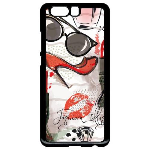 Coque Pour Smartphone - Motif Girly Fond Blanc - Compatible Avec Huawei P10 Plus - Plastique - Bord Noir