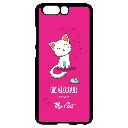 Coque Pour Smartphone - En Couple Avec Mon Chat Fond Rose - Compatible Avec Huawei P10 - Plastique - Bord Noir