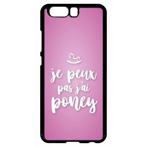 Coque Pour Smartphone - Je Peux Pas Jai Poney Fond Rose Pale - Compatible Avec Huawei P10 - Plastique - Bord Noir