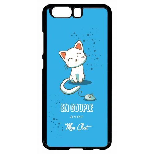 Coque Pour Smartphone - En Couple Avec Mon Chat Fond Bleu - Compatible Avec Huawei P10 - Plastique - Bord Noir